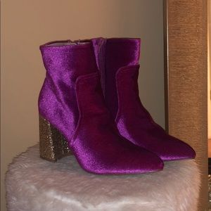 pink suede booties w gold glitter heel